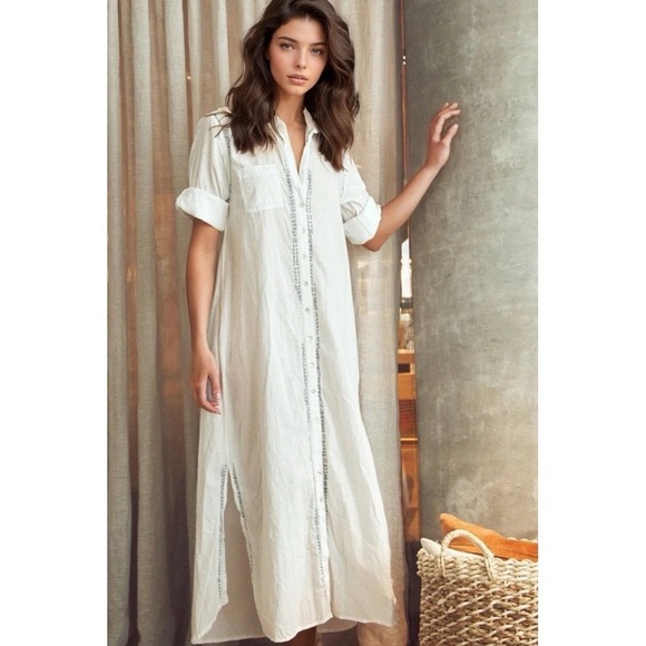 SUBTLE LUXURY Boyfriend White Embroidered Maxi Kaftan Dress S/M - Picture 2 of 14